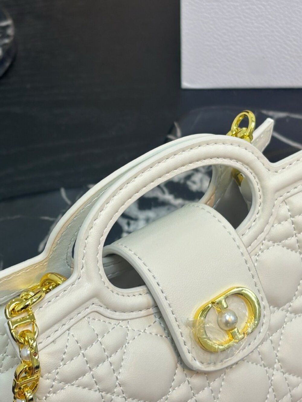 Dior Jolie Mini Top Handle Bag White Cannage Quilted Pearl Chain Crossbody - Picture 8 of 9